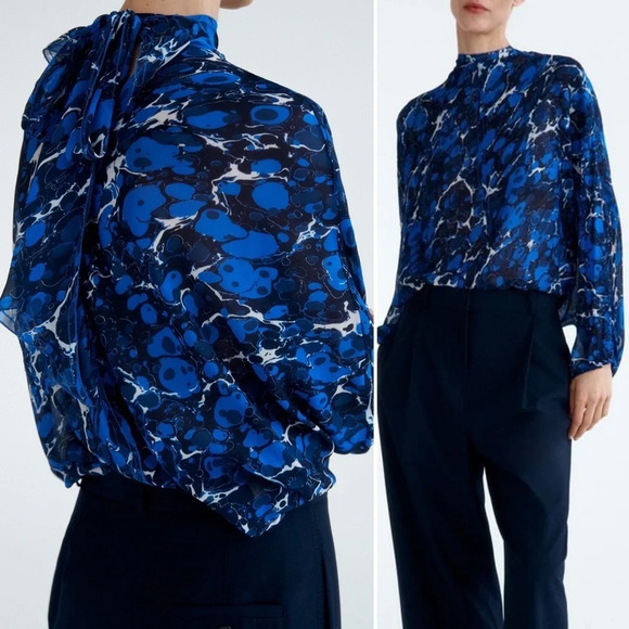 Zara Printed Blouse with Bow Semi-sheer Blue Sz Medium - Picture 1 of 6